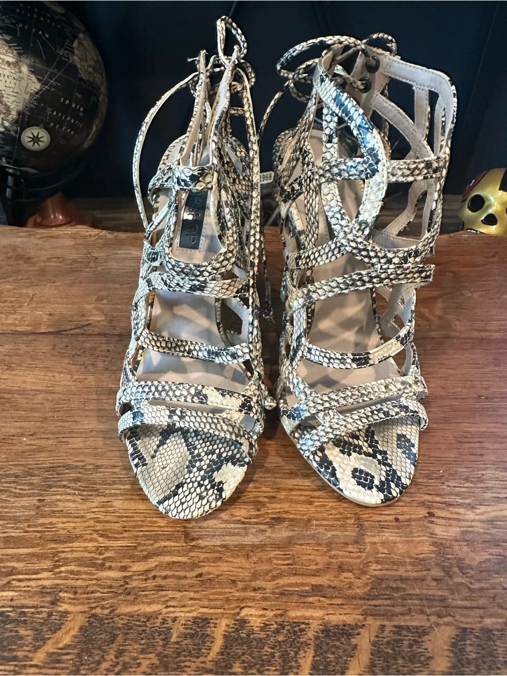 Topshop Snake-Print Lace-Up Strappy Heels in Black & Cream